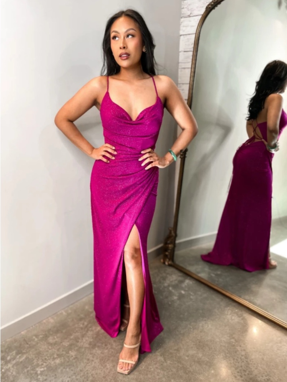 Sparkling Magenta Cowl Neck Evening Gown